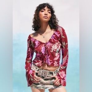 Free People Y2K Floral Sheer Mesh Bell Sleeve CropTop  Boho Festival Chic